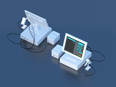 White Modern Living Supplies With Monitor CPU Small Devices And Cables On Blue Surface 3d model