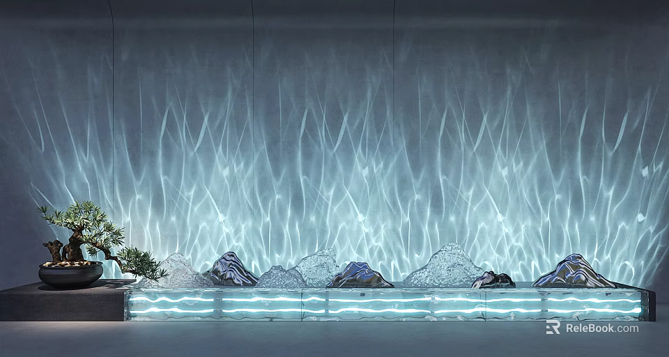 Elegant Water Ripple Light Projection with Rock Formations and Green Plants 3d model 