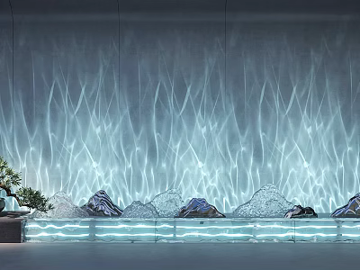 Elegant Water Ripple Light Projection with Rock Formations and Green Plants 3d model