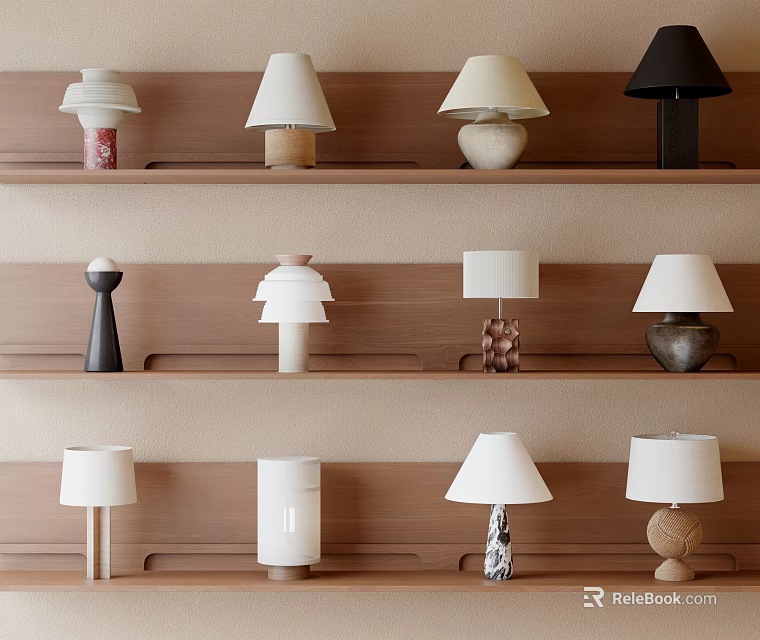 Stylish Modern Table Lamps Displayed On Wooden Shelves With Various Designs And Colors 3d model 