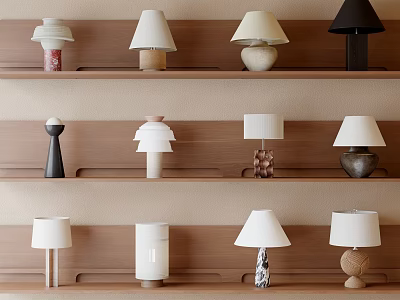 Stylish Modern Table Lamps Displayed On Wooden Shelves With Various Designs And Colors 3d model