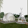 Stylish Luxury Glamping Dome And Tipi Tents Set On Lush Green Outdoor Countryside Camping Site