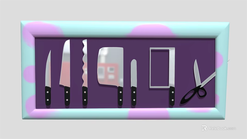 Colorful Kitchen Knives And Scissors Set In Purple Frame For Food Preparation 3d model 