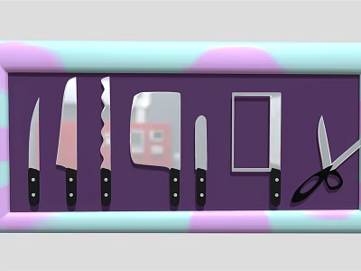 Colorful Kitchen Knives And Scissors Set In Purple Frame For Food Preparation 3d model