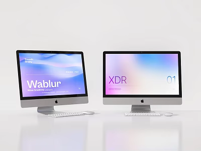 Two Apple Computer Monitors With Wablur And XDR Display Screens And Keyboard Mouse 3d model