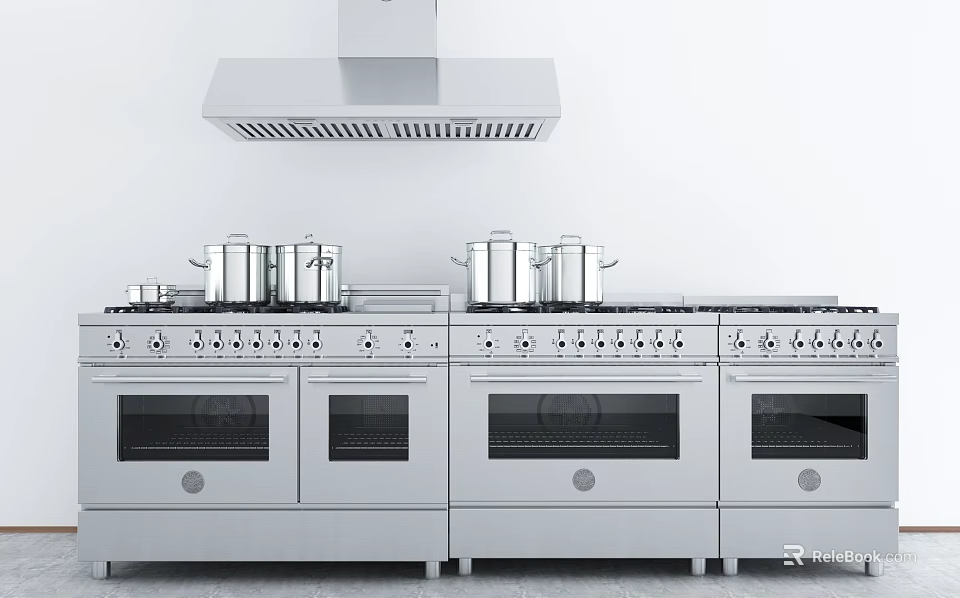Stainless Steel Kitchen Cooking Appliances With Stove Range Hood And Pots 3d model 