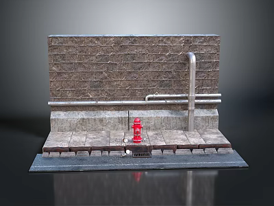Urban Scene Construction Model With Brick Wall Metal Pipes And Red Fire Hydrant 3d model