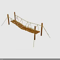 Rustic Suspension Bridge Structure With Wooden Posts Ropes And Plank Deck