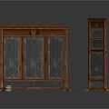 Dark Wooden Standing Paneled Furniture With Multiple Panels And Scattered Decor Items