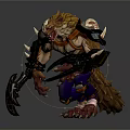 Orc Warrior Creature With Lion Head Muscular Body Orange Torso Purple Pants And Claw Weapons