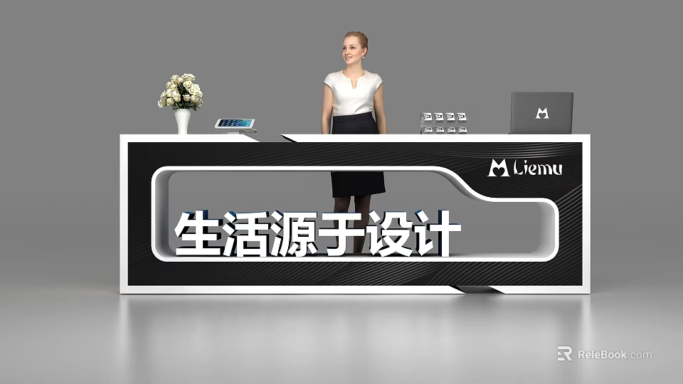 Modern Black And White Reception Desk With Flower Vase Laptop Logo And Professional Woman 3d model 