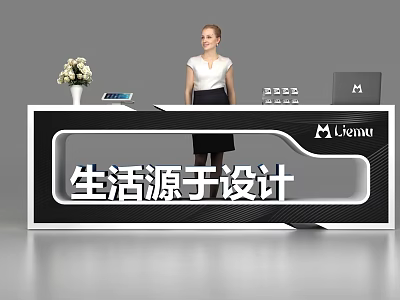 Modern Black And White Reception Desk With Flower Vase Laptop Logo And Professional Woman 3d model
