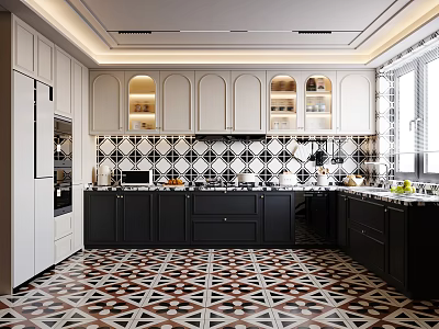 Modern Kitchen Interior With White Cabinets Black Countertops And Geometric Pattern Floor Tiles 3d model