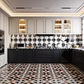 Modern Kitchen Interior With White Cabinets Black Countertops And Geometric Pattern Floor Tiles