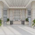 Elegant Modern Reception Desk Area With Marble Columns Decorative Backdrop Wall Green Plants And Bright Lighting
