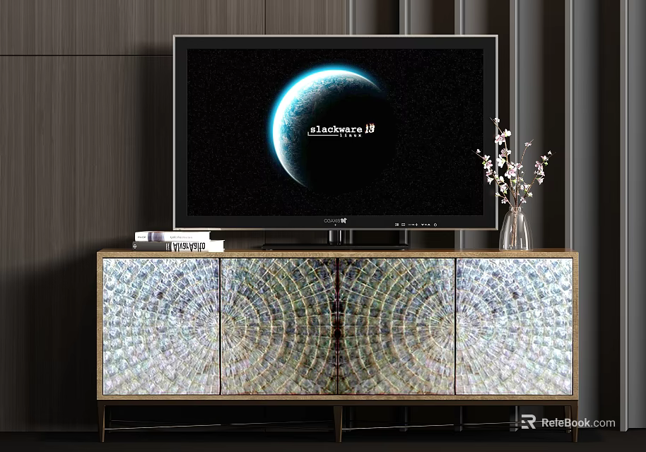 Modern TV Stand with Decorative Shell Panels and Gold Frame Holding TV Vase and Books 3d model 
