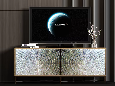 Modern TV Stand with Decorative Shell Panels and Gold Frame Holding TV Vase and Books 3d model