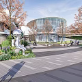 Modern Commercial Landscape With Curved Glass Building Trees Plaza Silver Sculpture People Strolling And Greenery