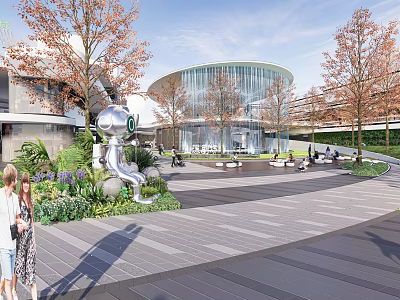 Modern Commercial Landscape With Curved Glass Building Trees Plaza Silver Sculpture People Strolling And Greenery 3d model