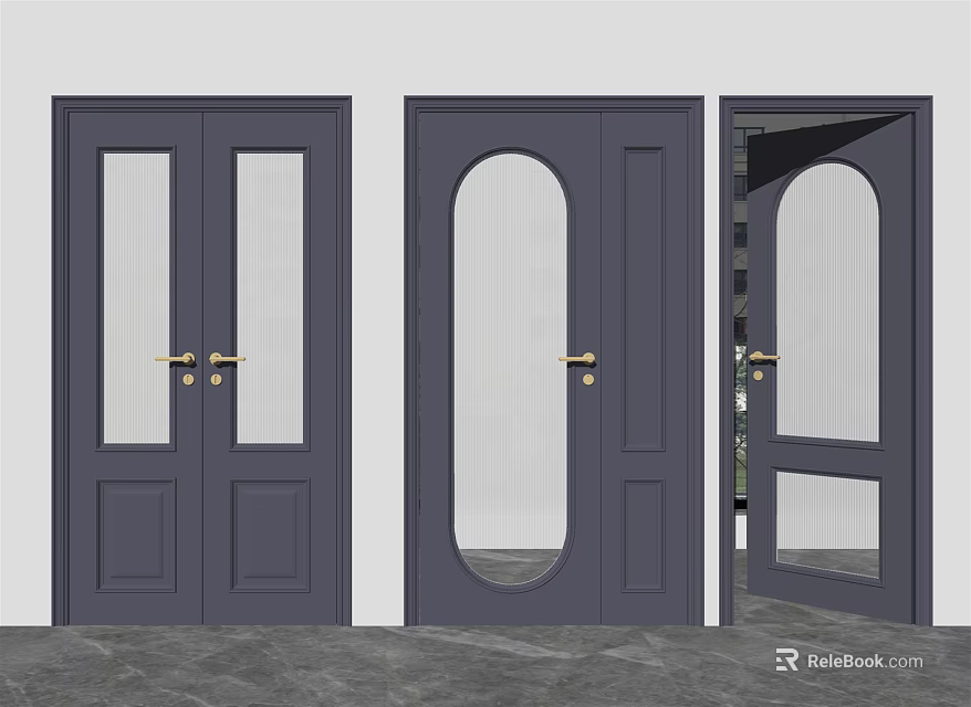 Deep Blue Hinged Doors With Glass Panels Modern Design Open Door Interior View 3d model