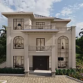 Elegant Two Story Detached Villa With Arched Windows Balcony Palm Trees And Brick Driveway