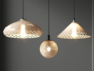 Three White Chandeliers With Different Shapes And Hollowed Out Design In Gray Background 3d model