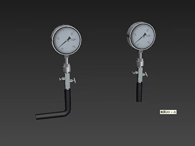 Two Industrial Pressure Gauges With Silver Dials Black Pointers Metal Brackets And Black Connecting Pipes 3d model