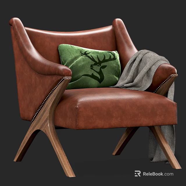Brown Leather Armchair With Green Deer Pattern Pillow Gray Blanket Wooden Legs And Rivet Accents 3d model 