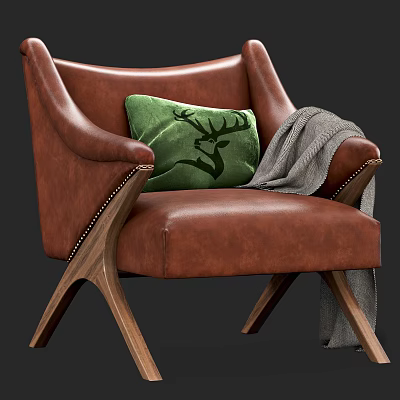 Brown Leather Armchair With Green Deer Pattern Pillow Gray Blanket Wooden Legs And Rivet Accents 3d model