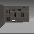 Modern Wooden Wardrobe Interior With Hanging Rods Drawers Shelves And Ambient Lighting