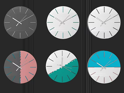 Six Modern Clocks With Various Color Gradient Designs And Different Hues 3d model