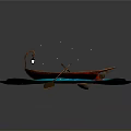 Wooden Boat Floating On Turquoise Water With Purple Glowing Spots And Oar