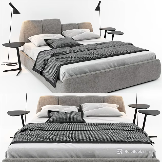 Gray Upholstered Double Bed With Plaid Blanket White And Gray Pillows And Nightstands 3d model 