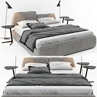 Gray Upholstered Double Bed With Plaid Blanket White And Gray Pillows And Nightstands 3d model