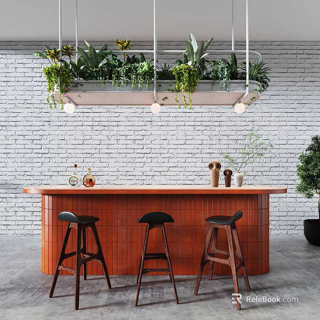 Wooden Bar Counter With Three Black Bar Stools Against Brick Wall And Hanging Green Plants 3d model 