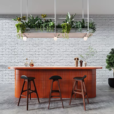 Wooden Bar Counter With Three Black Bar Stools Against Brick Wall And Hanging Green Plants 3d model