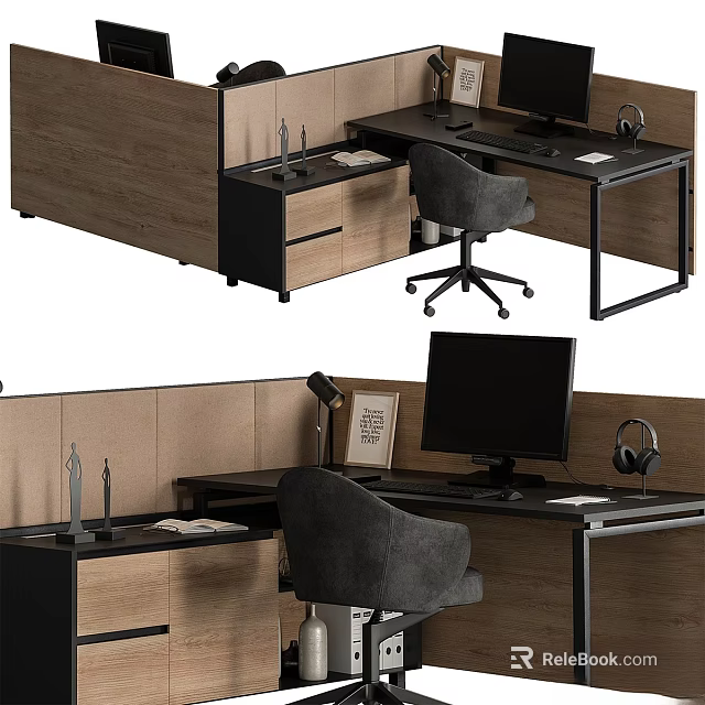 Modern Office Desk And Chair Set With Computer Lamp And Documents 3d model 