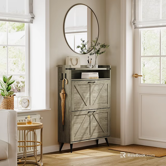 Stylish Entryway With Gray Cabinet Round Mirror Books Vase Umbrella And Green Plant 3d model 