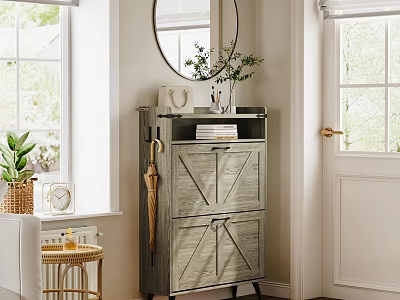 Stylish Entryway With Gray Cabinet Round Mirror Books Vase Umbrella And Green Plant 3d model