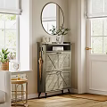 Stylish Entryway With Gray Cabinet Round Mirror Books Vase Umbrella And Green Plant