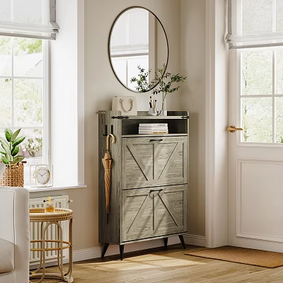 Stylish Entryway With Gray Cabinet Round Mirror Books Vase Umbrella And Green Plant 3d model