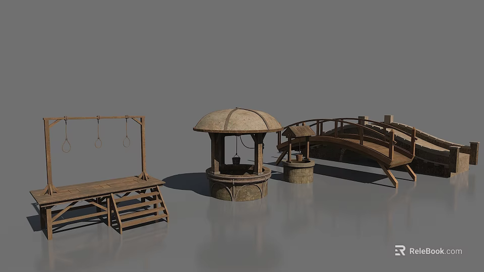 Wooden Garden Ornaments With Swing Bench Covered Well And Small Bridge 3d model 