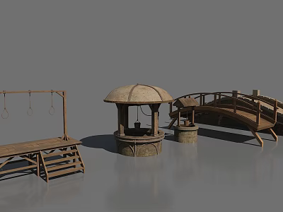 Wooden Garden Ornaments With Swing Bench Covered Well And Small Bridge 3d model