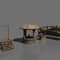 Wooden Garden Ornaments With Swing Bench Covered Well And Small Bridge