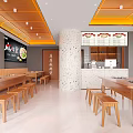 Restaurant With Fresh Ingredients Display Fridge And Wooden Dining Table Area