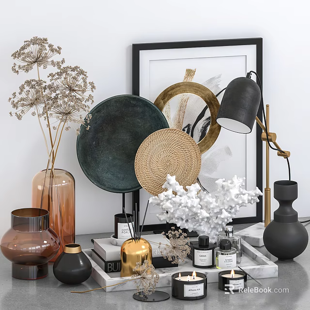 Decorative Ornament Set With Vases Plates Lamp Dried Flowers And Fragrance Bottles 3d model 