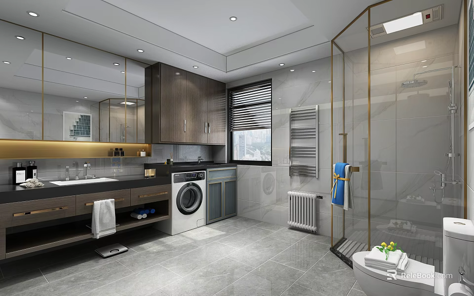 Modern Luxury Bathroom Interior With Washing Machine Wooden Cabinets And Gold Framed Shower Area 3d model 