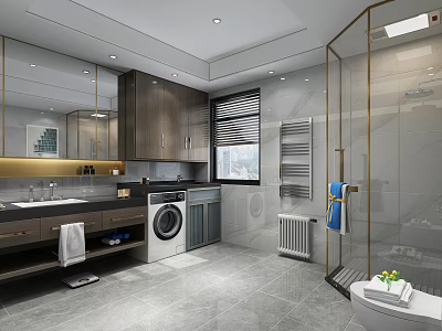 Modern Luxury Bathroom Interior With Washing Machine Wooden Cabinets And Gold Framed Shower Area 3d model