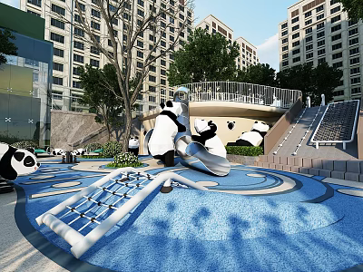 Playful Park Landscape With Panda Sculptures Blue Ground Slide Trees And High Rise Buildings 3d model