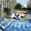 Playful Park Landscape With Panda Sculptures Blue Ground Slide Trees And High Rise Buildings